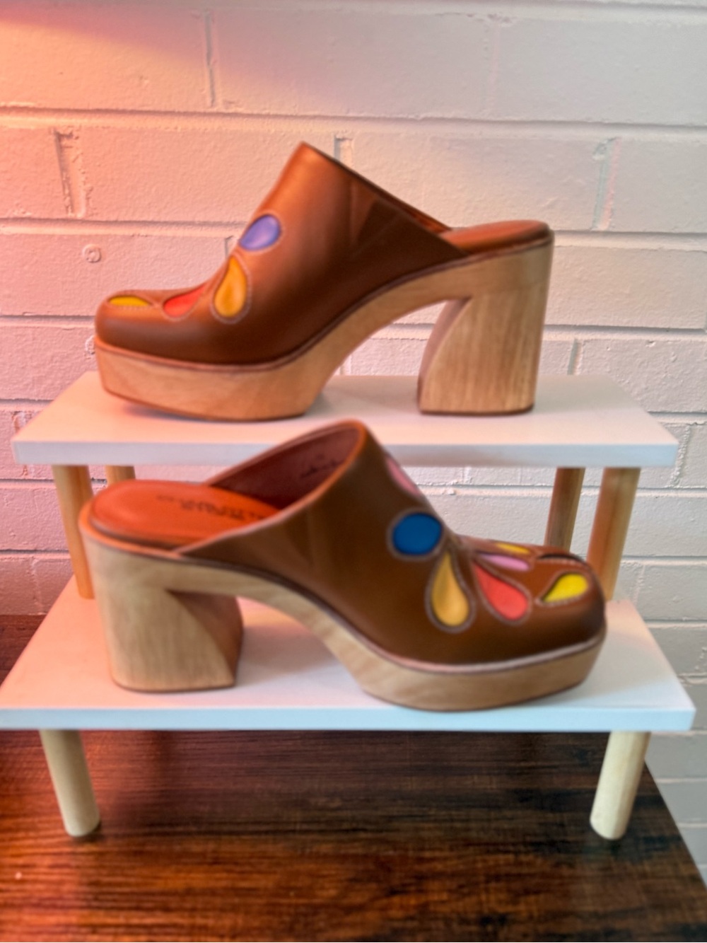 Charlotte Stone Floral Leather Platform Clogs Size 10 NWOT 70s Retro Multicolor - Picture 8 of 8